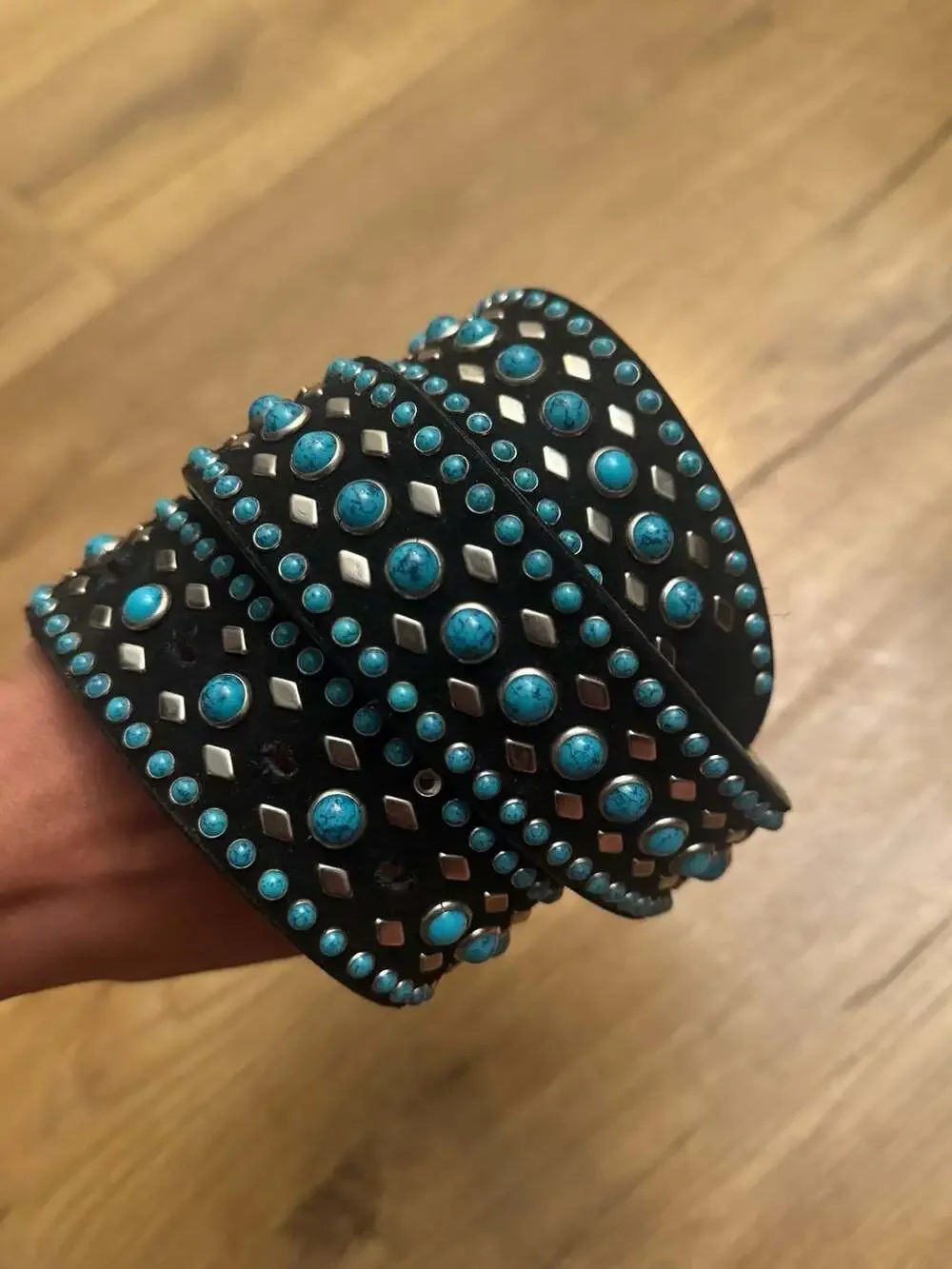 Western Style Black Leather Belt with Turquoise Inlay and Ornate Silver Floral B